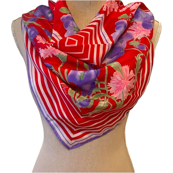 VERA NEUMANN Artist Vintage Square Silk Scarf Japan Red/Multi - Picture 2 of 12